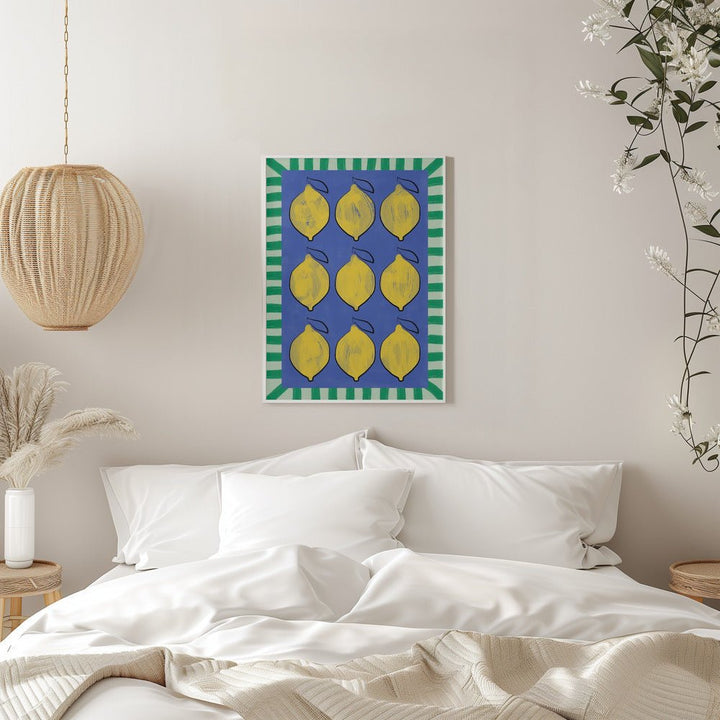 Vibrant Yellow Lemons on a Deep Blue - Stretched Canvas, Poster or Fine Art Print - I Heart Wall Art - Poster Print, Canvas Print or Framed Art Print