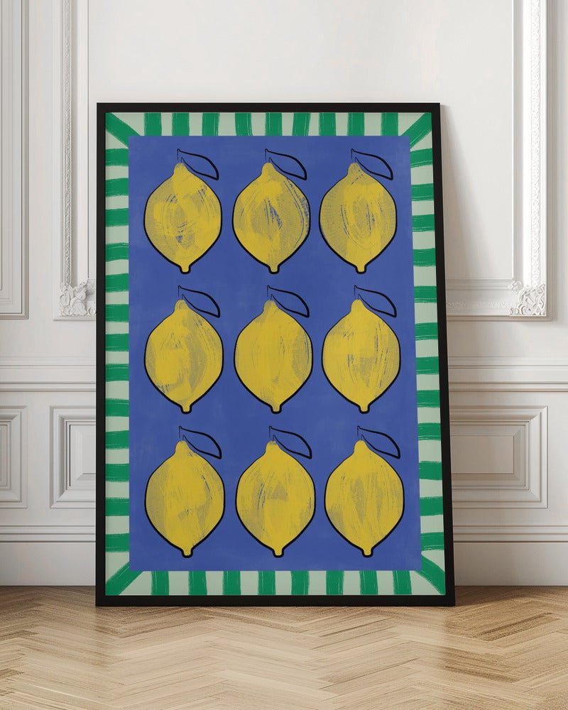 Vibrant Yellow Lemons on a Deep Blue - Stretched Canvas, Poster or Fine Art Print - I Heart Wall Art - Poster Print, Canvas Print or Framed Art Print