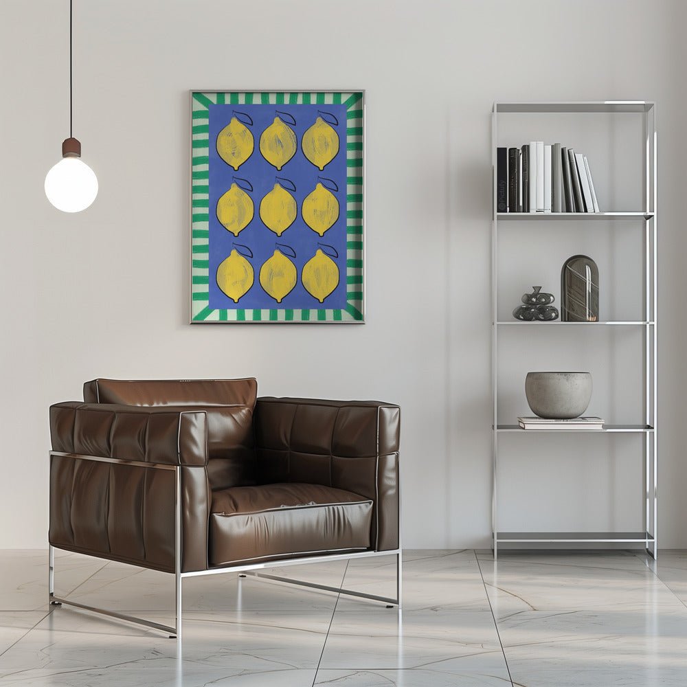 Vibrant Yellow Lemons on a Deep Blue - Stretched Canvas, Poster or Fine Art Print - I Heart Wall Art - Poster Print, Canvas Print or Framed Art Print