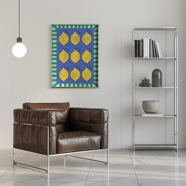 Vibrant Yellow Lemons on a Deep Blue - Stretched Canvas, Poster or Fine Art Print - I Heart Wall Art - Poster Print, Canvas Print or Framed Art Print