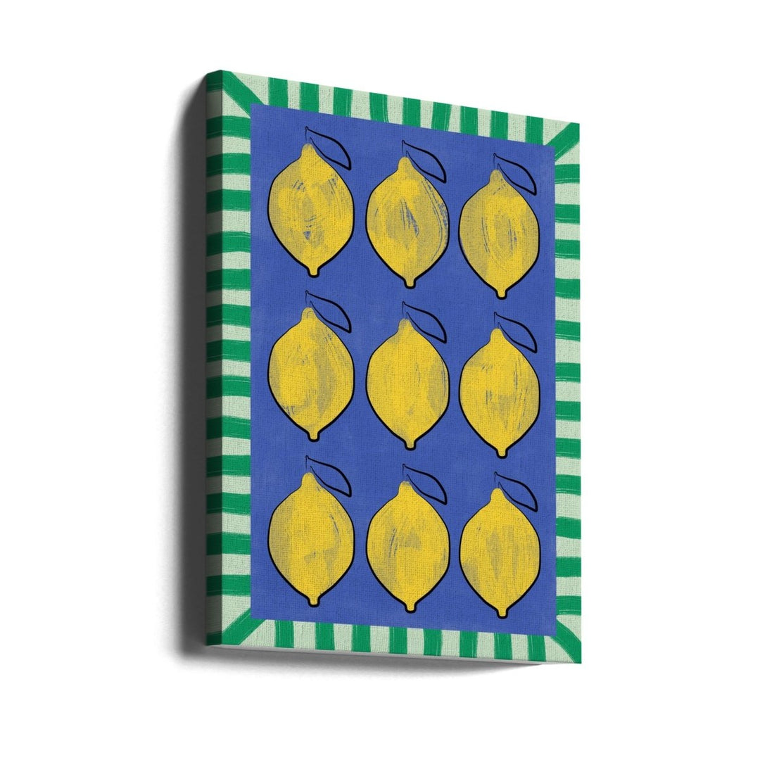 Vibrant Yellow Lemons on a Deep Blue - Stretched Canvas, Poster or Fine Art Print - I Heart Wall Art - Poster Print, Canvas Print or Framed Art Print