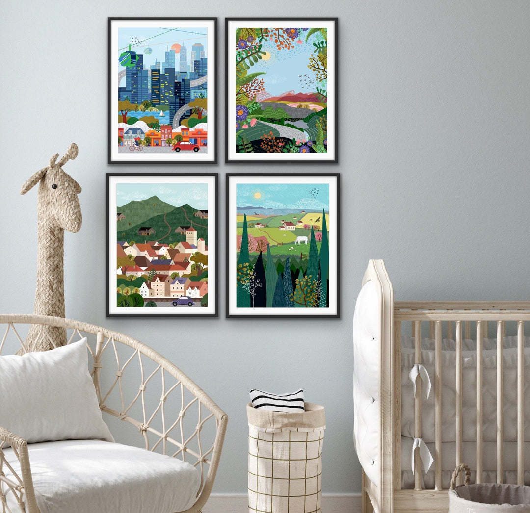 Village - Illustration Of Village Scene for Kids Nursery - City Village Country Wild Set - I Heart Wall Art