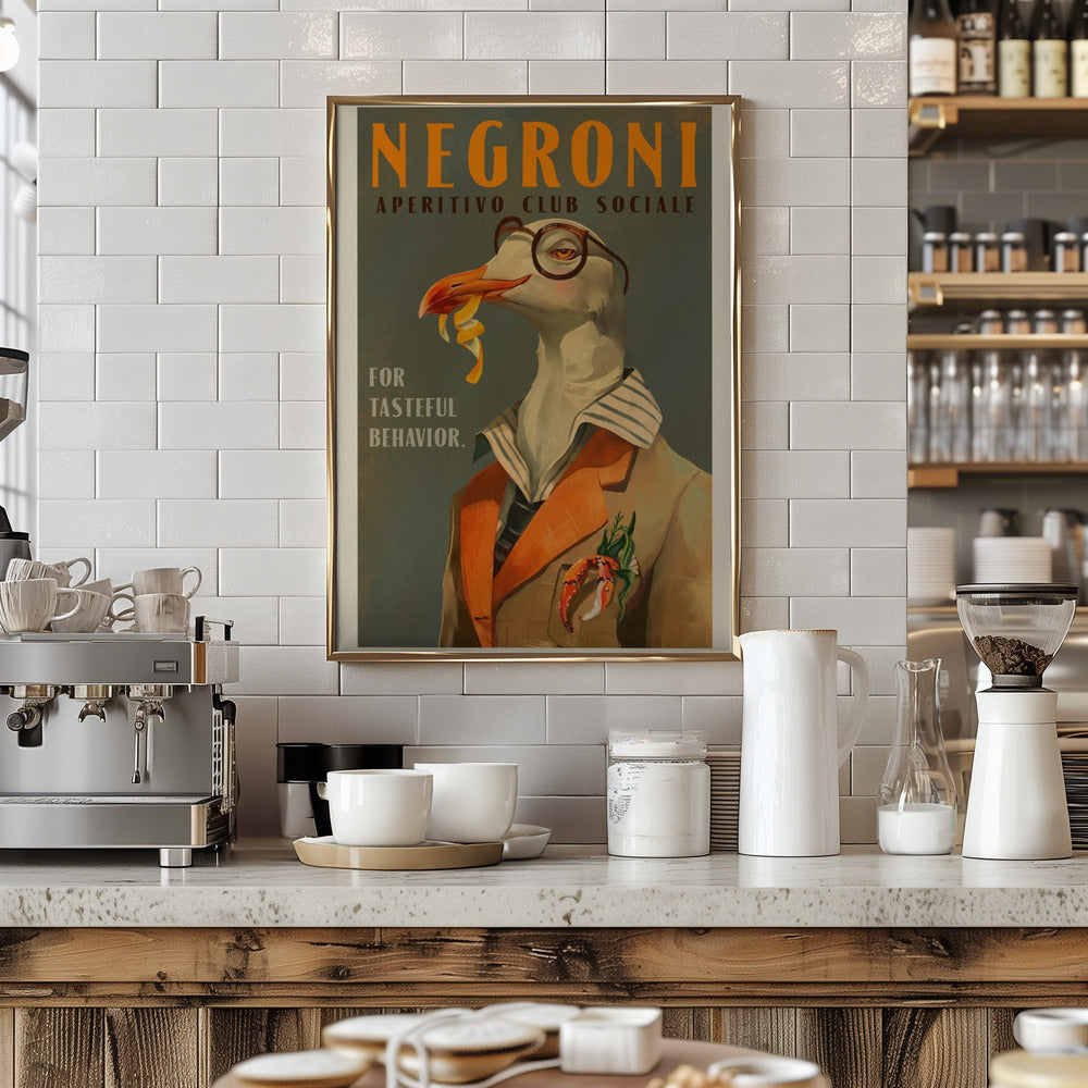 Vintage Art Deco Negroni Poster Of A Fancy Seagull - Stretched Canvas, Poster or Fine Art Print I Heart Wall Art