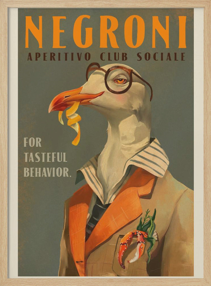 Vintage Art Deco Negroni Poster Of A Fancy Seagull - Stretched Canvas, Poster or Fine Art Print I Heart Wall Art