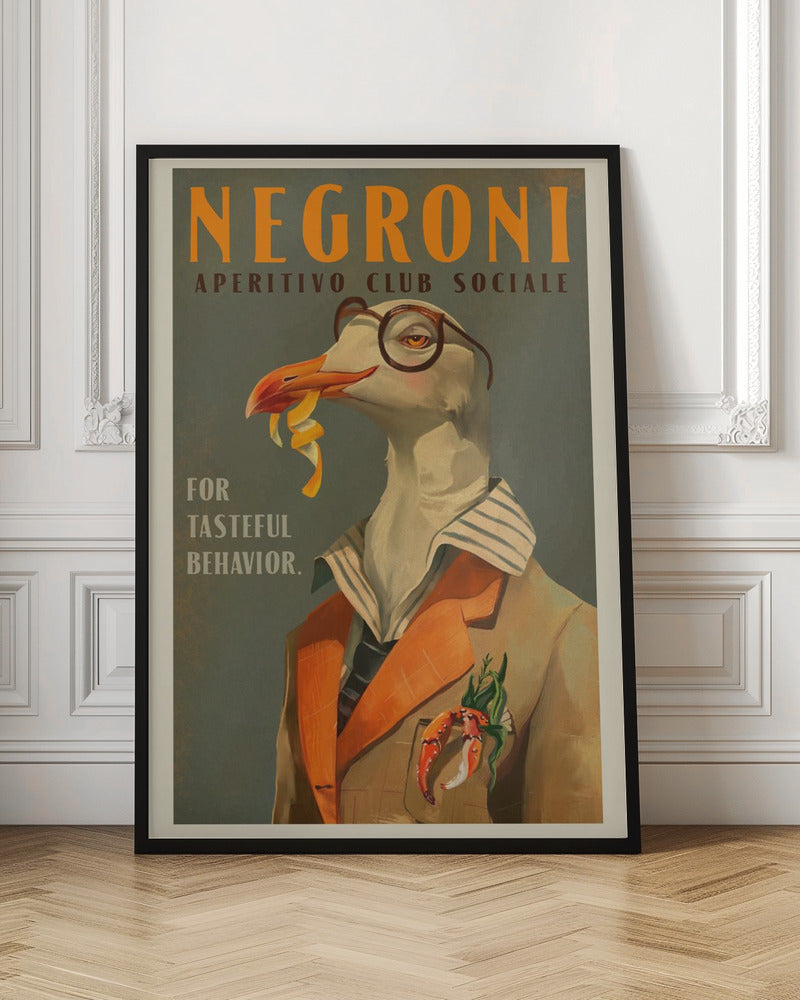 Vintage Art Deco Negroni Poster Of A Fancy Seagull - Stretched Canvas, Poster or Fine Art Print I Heart Wall Art