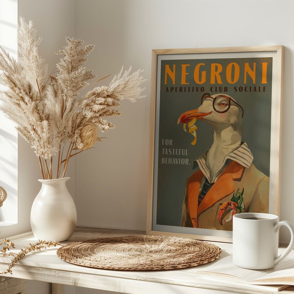Vintage Art Deco Negroni Poster Of A Fancy Seagull - Stretched Canvas, Poster or Fine Art Print I Heart Wall Art