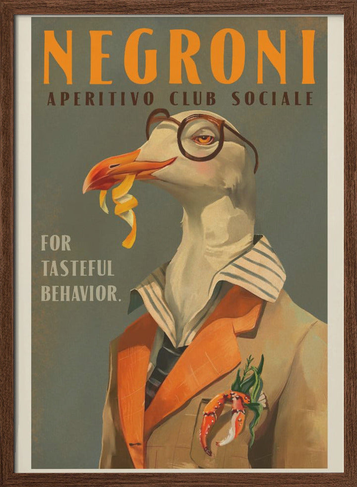 Vintage Art Deco Negroni Poster Of A Fancy Seagull - Stretched Canvas, Poster or Fine Art Print I Heart Wall Art