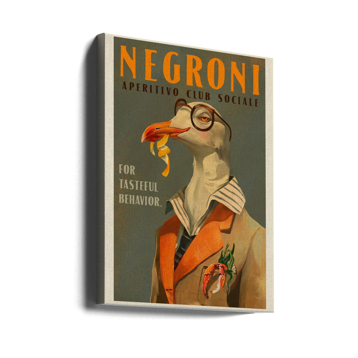 Vintage Art Deco Negroni Poster Of A Fancy Seagull - Stretched Canvas, Poster or Fine Art Print I Heart Wall Art