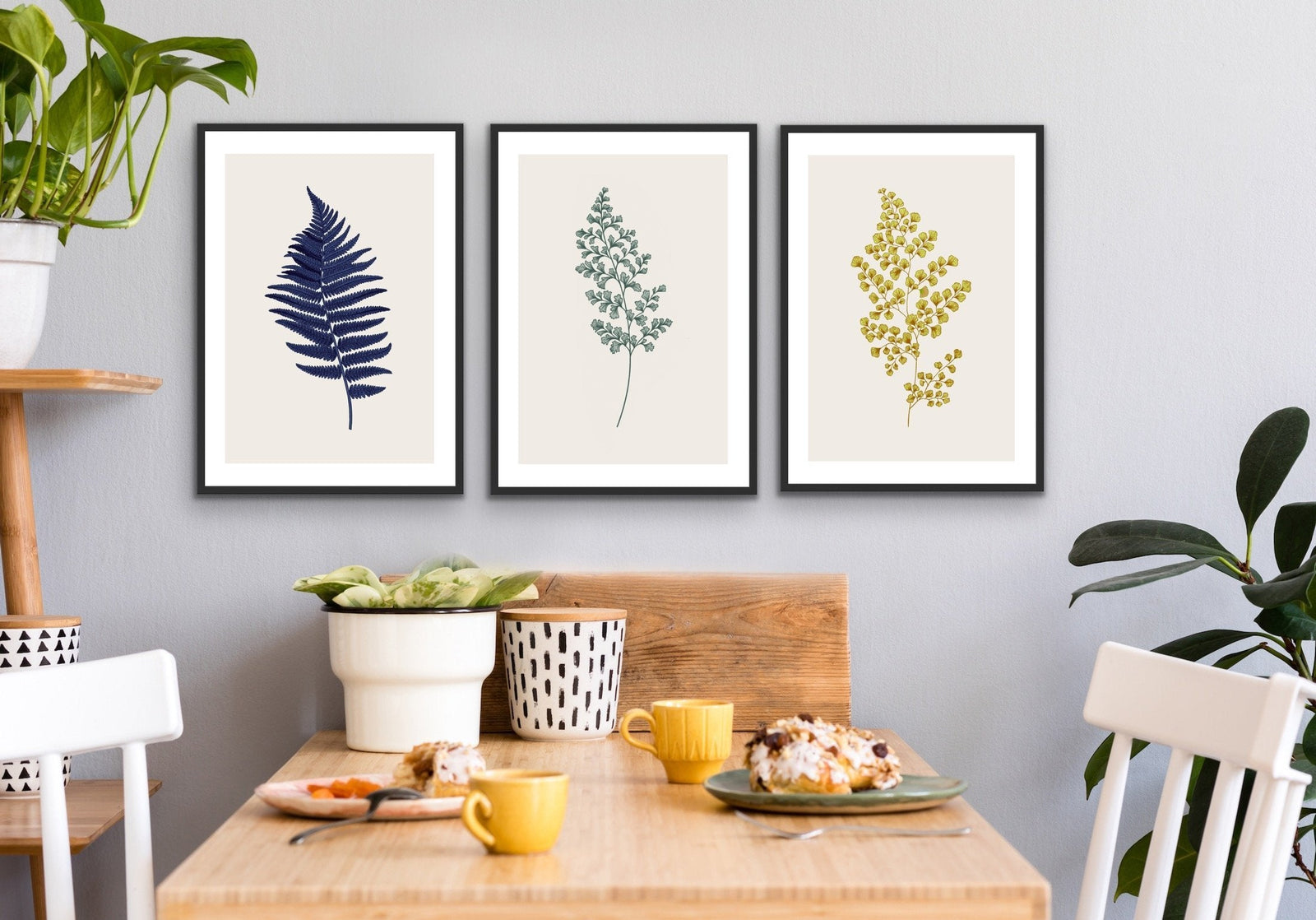 Vintage Fern Prints In Blue - Three Piece Fern Print Set Botanical Retro Decor Triptych - I Heart Wall Art