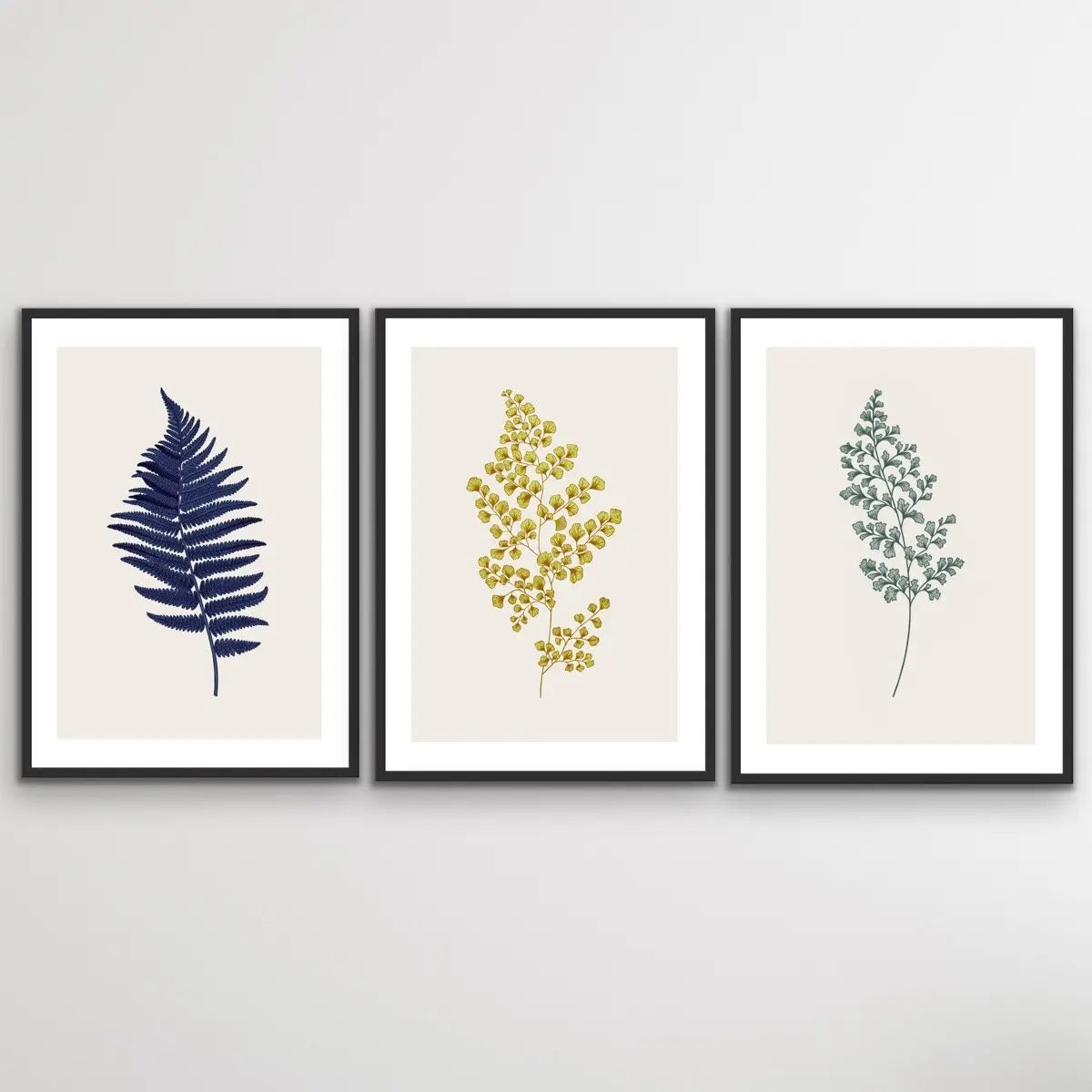 Vintage Fern Prints In Blue - Three Piece Fern Print Set Botanical Retro Decor Triptych - I Heart Wall Art
