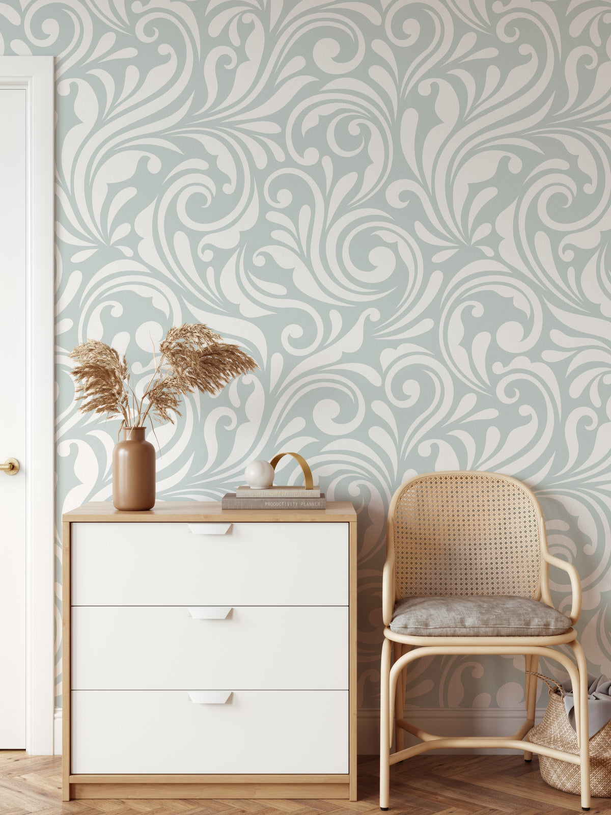 Vintage Whirl Wallpaper in Cool Blue - Peel and Stick Removable