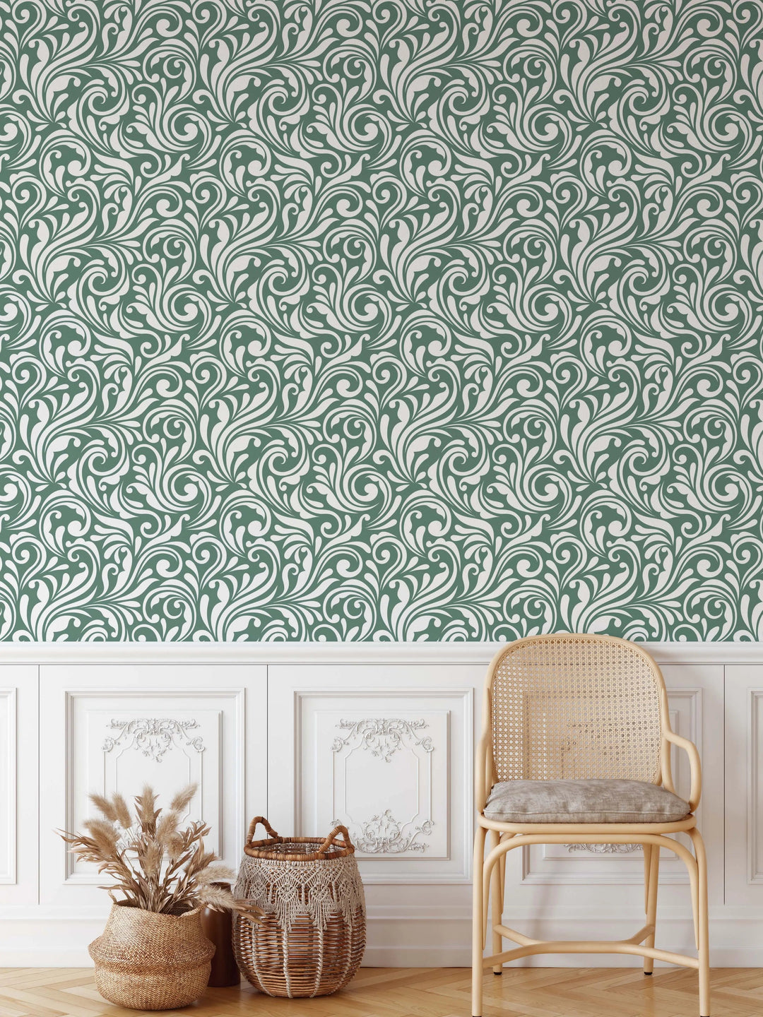 Vintage Whirl Wallpaper in Eucalyptus Green At Half Size - Peel and Stick Removable Wallpaper I Heart Wall Art Australia