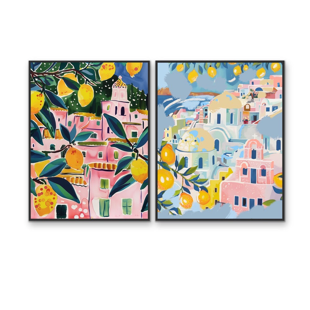 Walk Along Amalfi - Two Piece Pink, Blue &amp; Yellow Set, Stretched Canvas or Wall Art Print I Heart Wall Art Australia