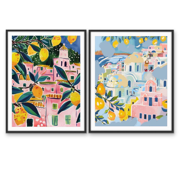 Walk Along Amalfi - Two Piece Pink, Blue &amp; Yellow Set, Stretched Canvas or Wall Art Print I Heart Wall Art Australia