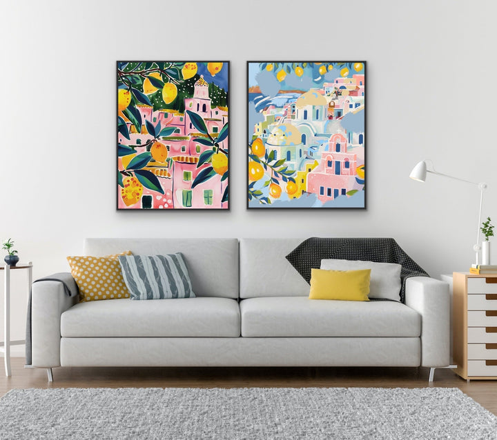 Walk Along Amalfi - Two Piece Pink, Blue &amp; Yellow Set, Stretched Canvas or Wall Art Print I Heart Wall Art Australia