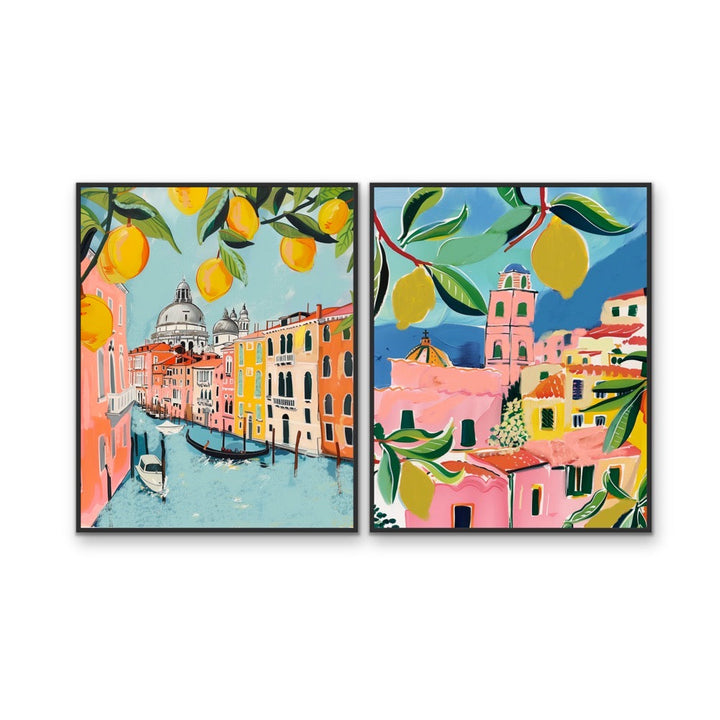 Walk Along Venice - Two Piece Pink, Blue &amp; Orange Set, Stretched Canvas or Wall Art Print I Heart Wall Art Australia