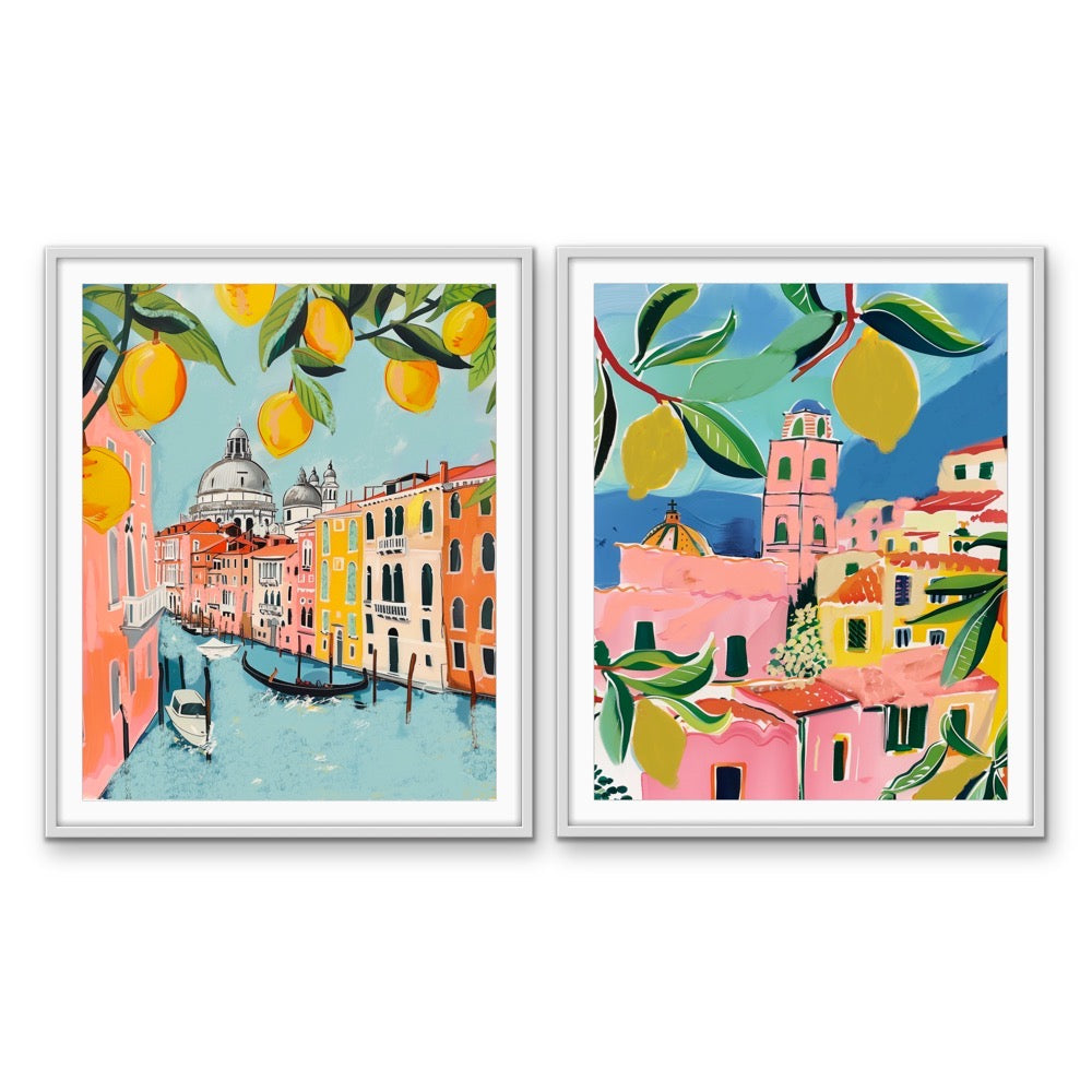 Walk Along Venice - Two Piece Pink, Blue &amp; Orange Set, Stretched Canvas or Wall Art Print I Heart Wall Art Australia