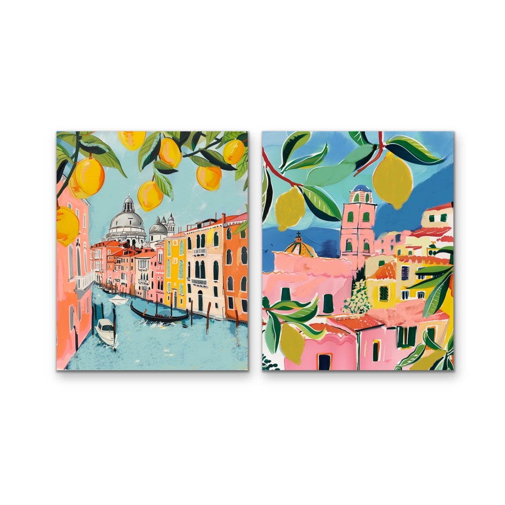 Walk Along Venice - Two Piece Pink, Blue & Orange Set, Stretched Canvas or Wall Art Print I Heart Wall Art Australia