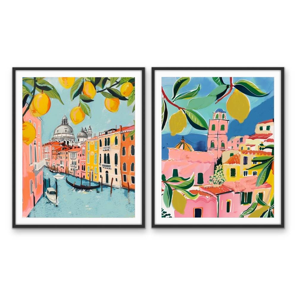 Walk Along Venice - Two Piece Pink, Blue &amp; Orange Set, Stretched Canvas or Wall Art Print I Heart Wall Art Australia