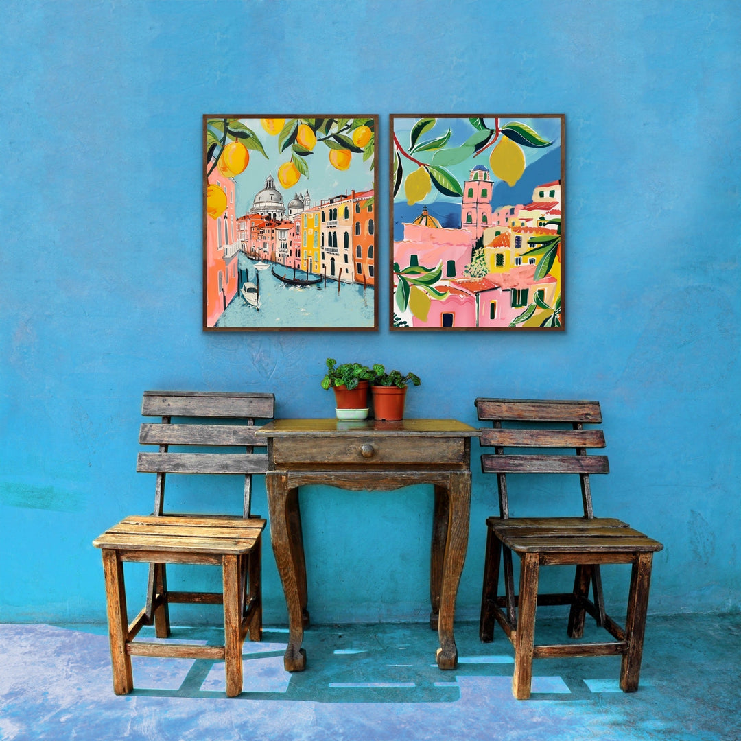 Walk Along Venice - Two Piece Pink, Blue &amp; Orange Set, Stretched Canvas or Wall Art Print I Heart Wall Art Australia