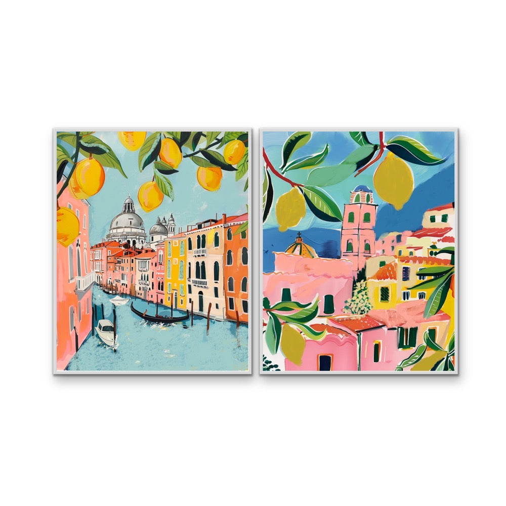Walk Along Venice - Two Piece Pink, Blue &amp; Orange Set, Stretched Canvas or Wall Art Print I Heart Wall Art Australia