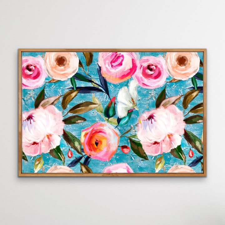 Walk In the Garden In Blue- Bright Floral Artwork With Flowers Oil Painting Wall Art Print - I Heart Wall Art