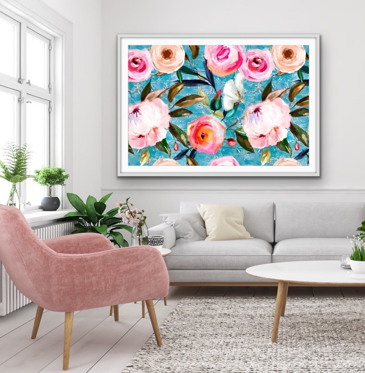 Walk In the Garden In Blue- Bright Floral Artwork With Flowers Oil Painting Wall Art Print - I Heart Wall Art