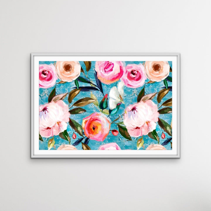 Walk In the Garden In Blue- Bright Floral Artwork With Flowers Oil Painting Wall Art Print - I Heart Wall Art