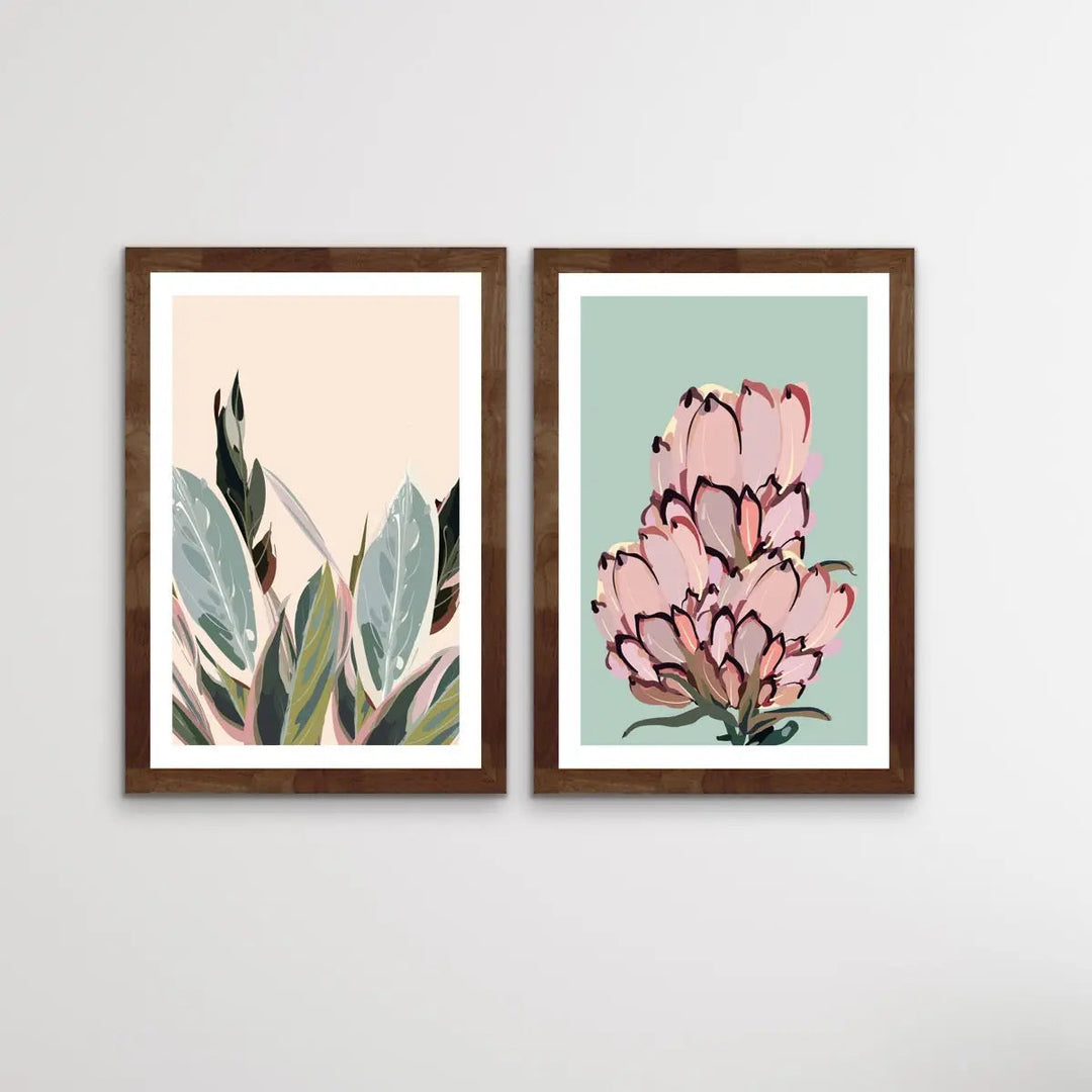 Warm Nights In The Garden - Two Piece Protea Plants Pastel Print Set Diptych - I Heart Wall Art