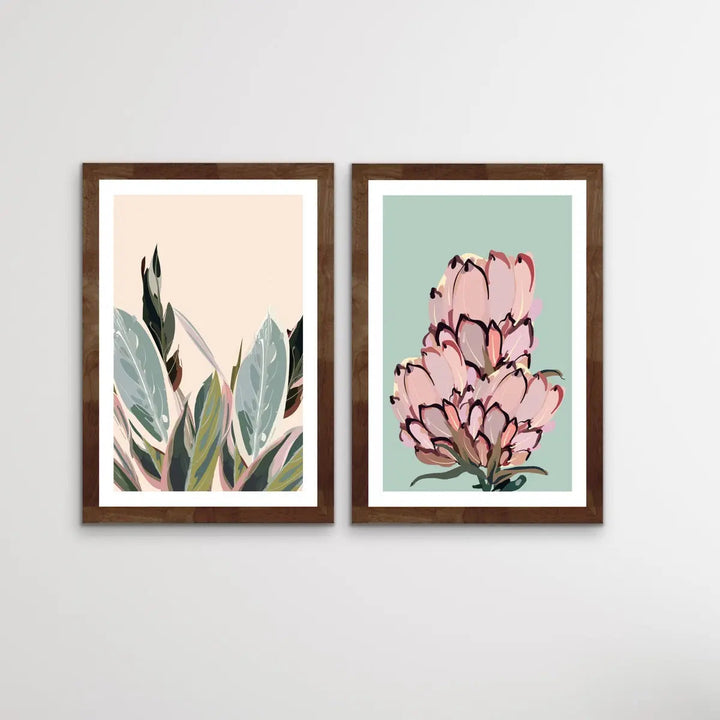 Warm Nights In The Garden - Two Piece Protea Plants Pastel Print Set Diptych - I Heart Wall Art