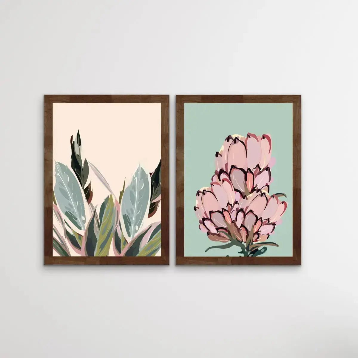 Warm Nights In The Garden - Two Piece Protea Plants Pastel Print Set - I Heart Wall Art - Poster Print, Canvas Print or Framed Art Print