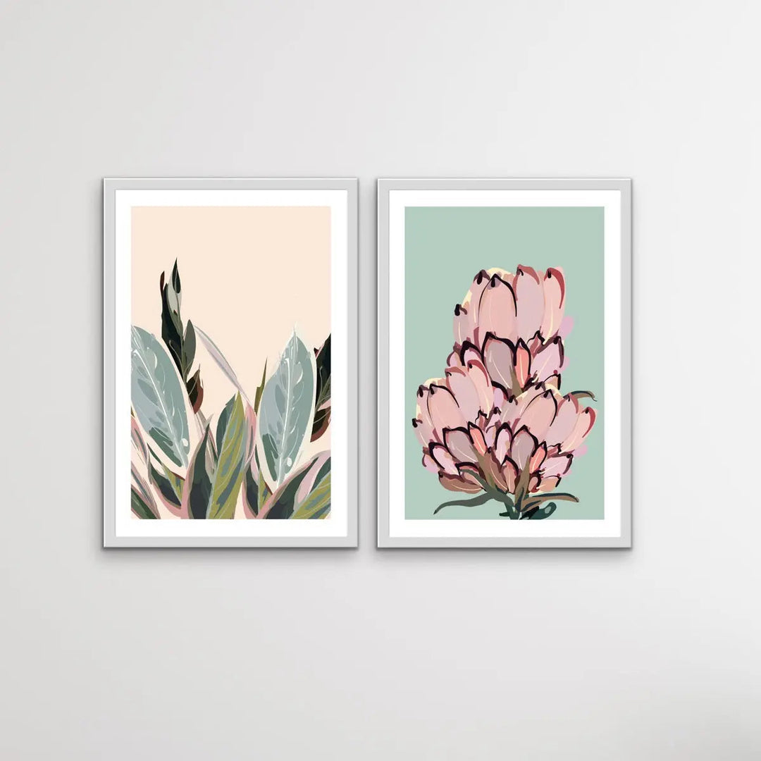 Warm Nights In The Garden - Two Piece Protea Plants Pastel Print Set Diptych - I Heart Wall Art