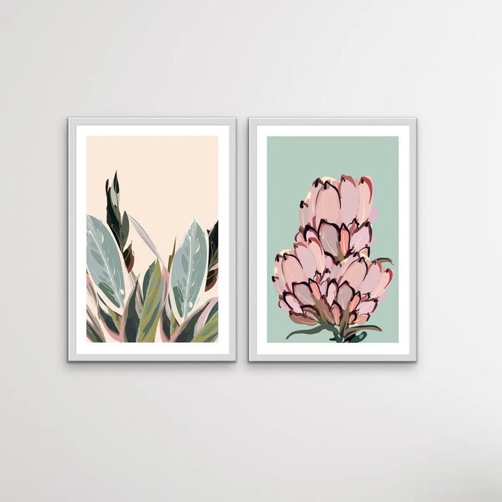 Warm Nights In The Garden - Two Piece Protea Plants Pastel Print Set Diptych - I Heart Wall Art
