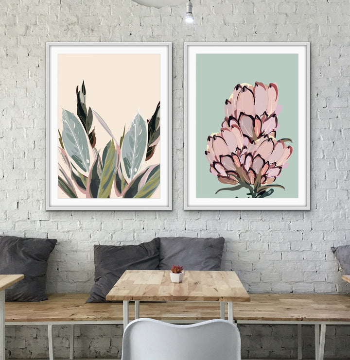 Warm Nights In The Garden - Two Piece Protea Plants Pastel Print Set Diptych - I Heart Wall Art