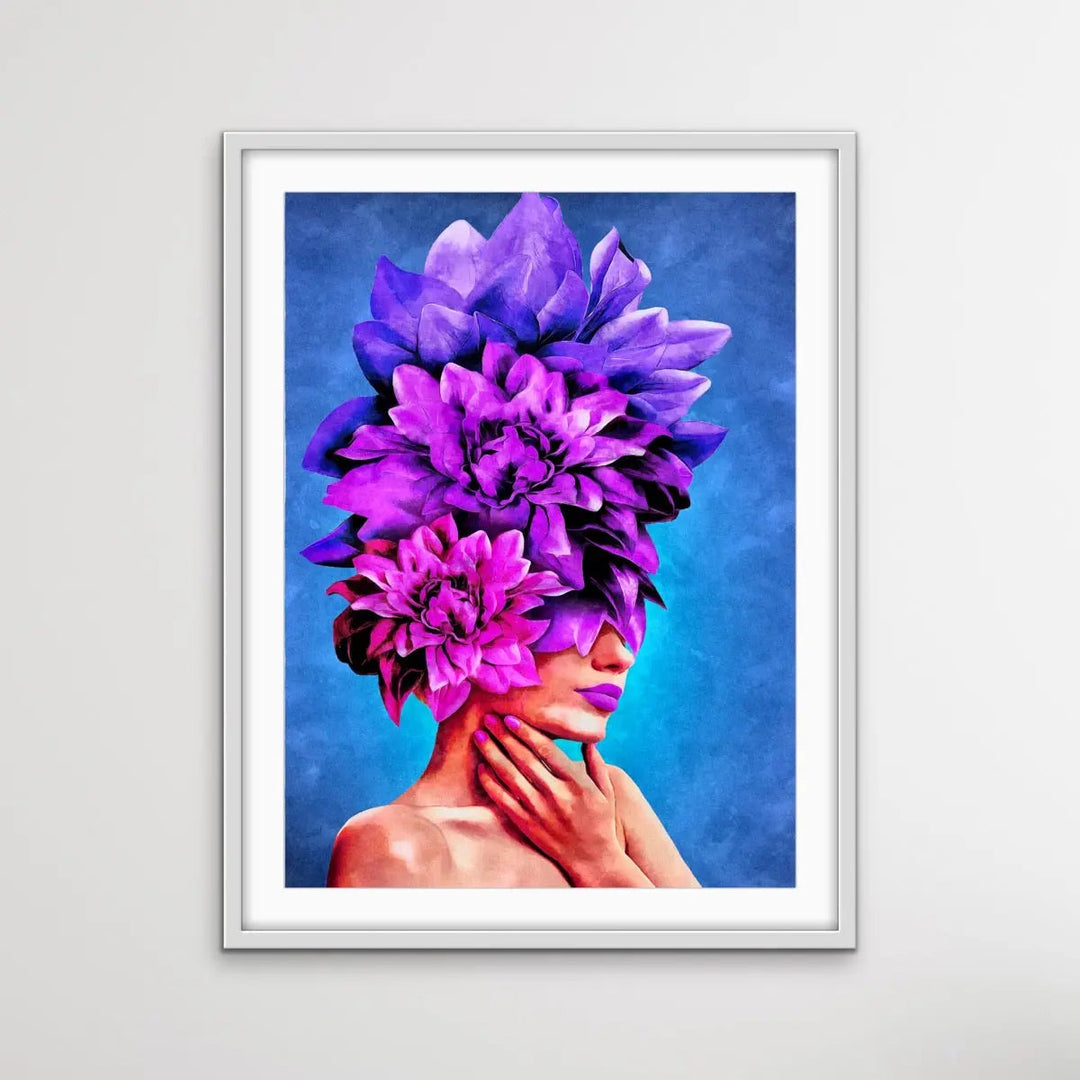 Copy of Watch Her Bloom In Purple-  Print One  Colourful Artwork Of Woman With Flowers On Her Head I Heart Wall Art Australia 