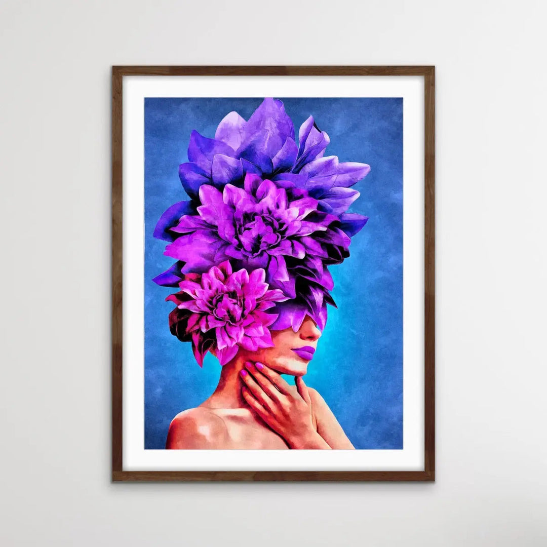 Copy of Watch Her Bloom In Purple-  Print One  Colourful Artwork Of Woman With Flowers On Her Head I Heart Wall Art Australia 
