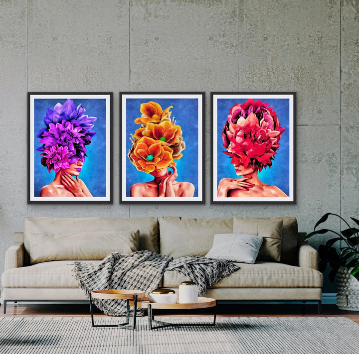 Copy of Watch Her Bloom In Purple-  Print One  Colourful Artwork Of Woman With Flowers On Her Head I Heart Wall Art Australia 