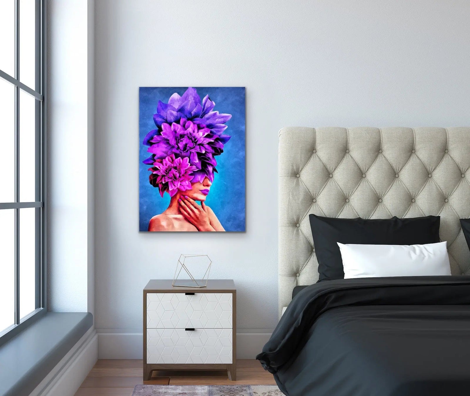 Copy of Watch Her Bloom In Purple-  Print One  Colourful Artwork Of Woman With Flowers On Her Head I Heart Wall Art Australia 