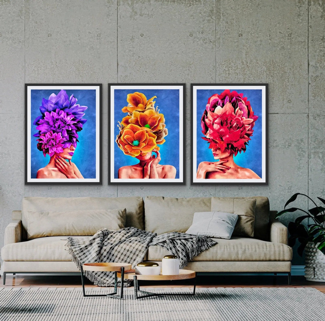 Watch Her Bloom In Red -  Print One -  Colourful Artwork Of Woman With Flowers On Her Head I Heart Wall Art Australia 