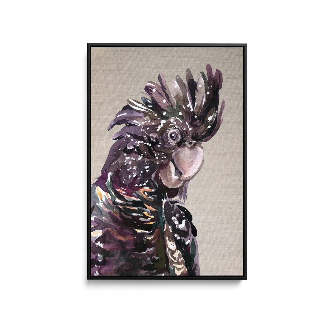 A framed watercolor black cockatoo with speckled plumage on linen textured beige background fine art print