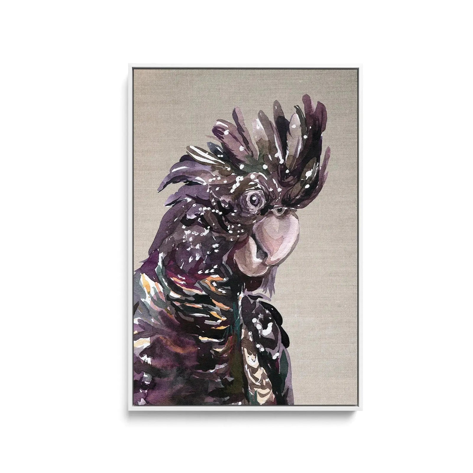 Watercolour Black Cockatoo On Linen - Stretched Canvas Print or Framed Fine Art Print I Heart Wall Art Australia