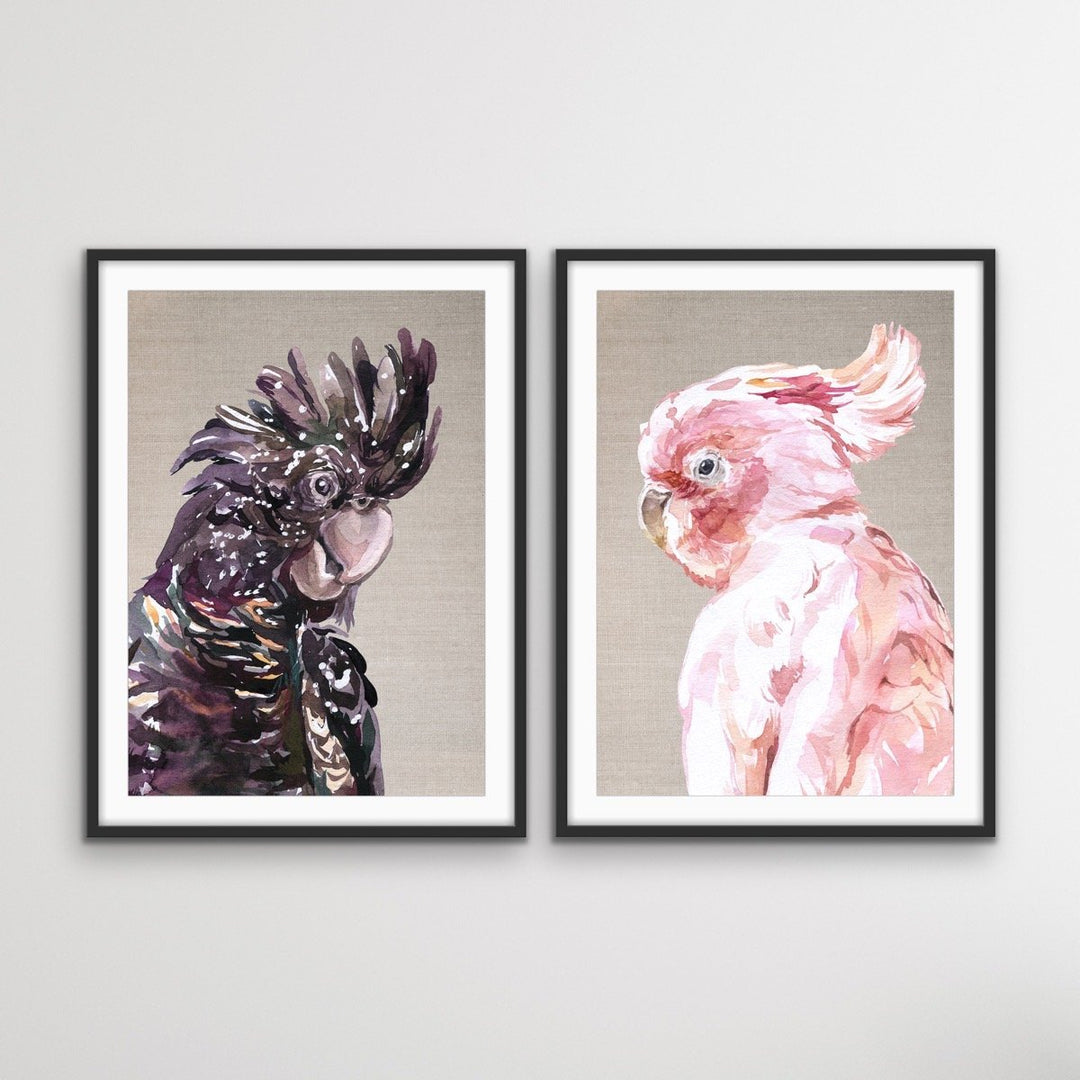 Watercolour Cockatoo Pair On Linen - Two Piece Black and Pink Cockatoo Prints Diptych - I Heart Wall Art
