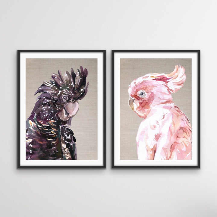 Watercolour Cockatoo Pair On Linen - Two Piece Black and Pink Cockatoo Prints Diptych - I Heart Wall Art