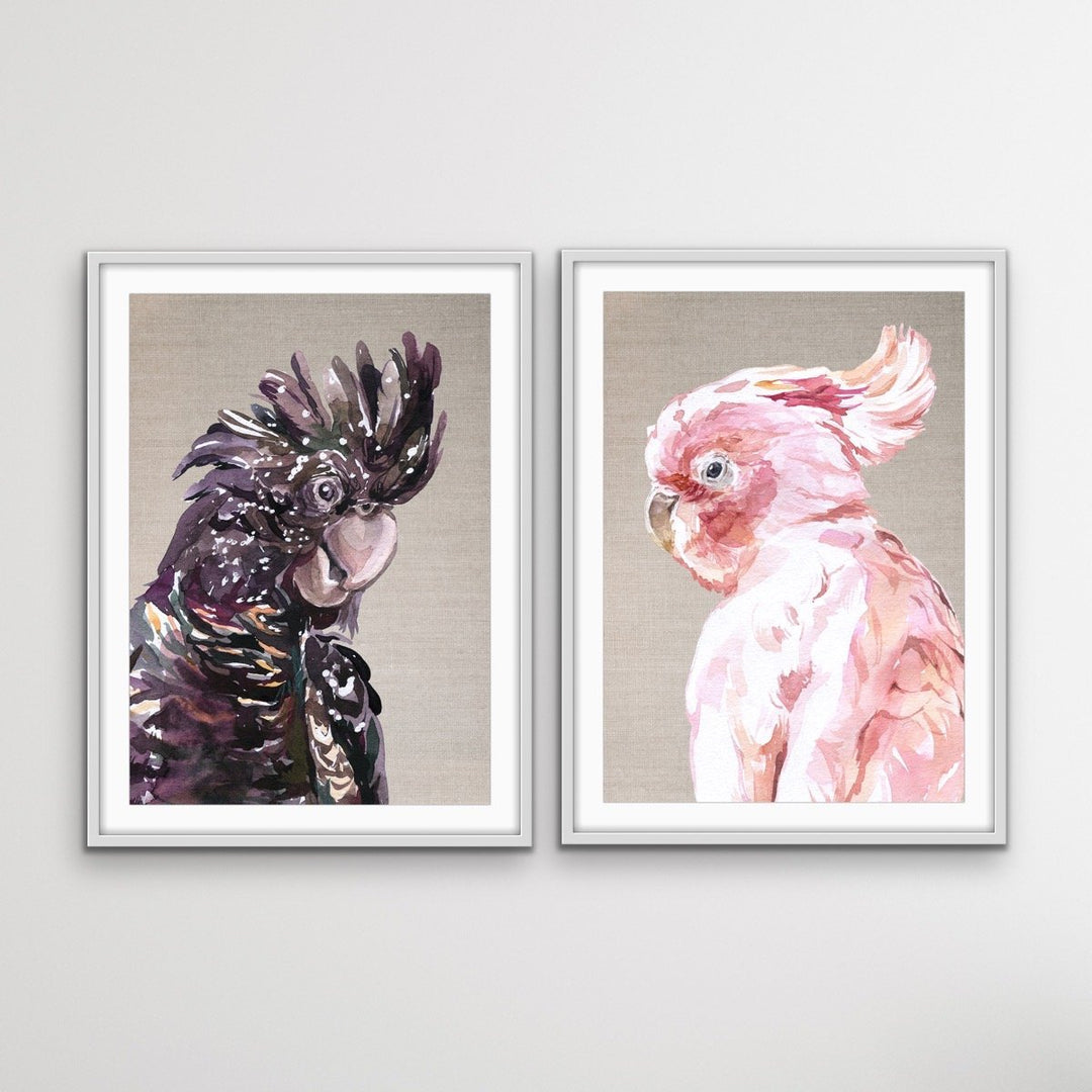 Watercolour Cockatoo Pair On Linen - Two Piece Black and Pink Cockatoo Prints Diptych - I Heart Wall Art