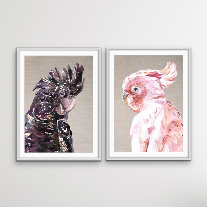 Watercolour Cockatoo Pair On Linen - Two Piece Black and Pink Cockatoo Prints Diptych - I Heart Wall Art