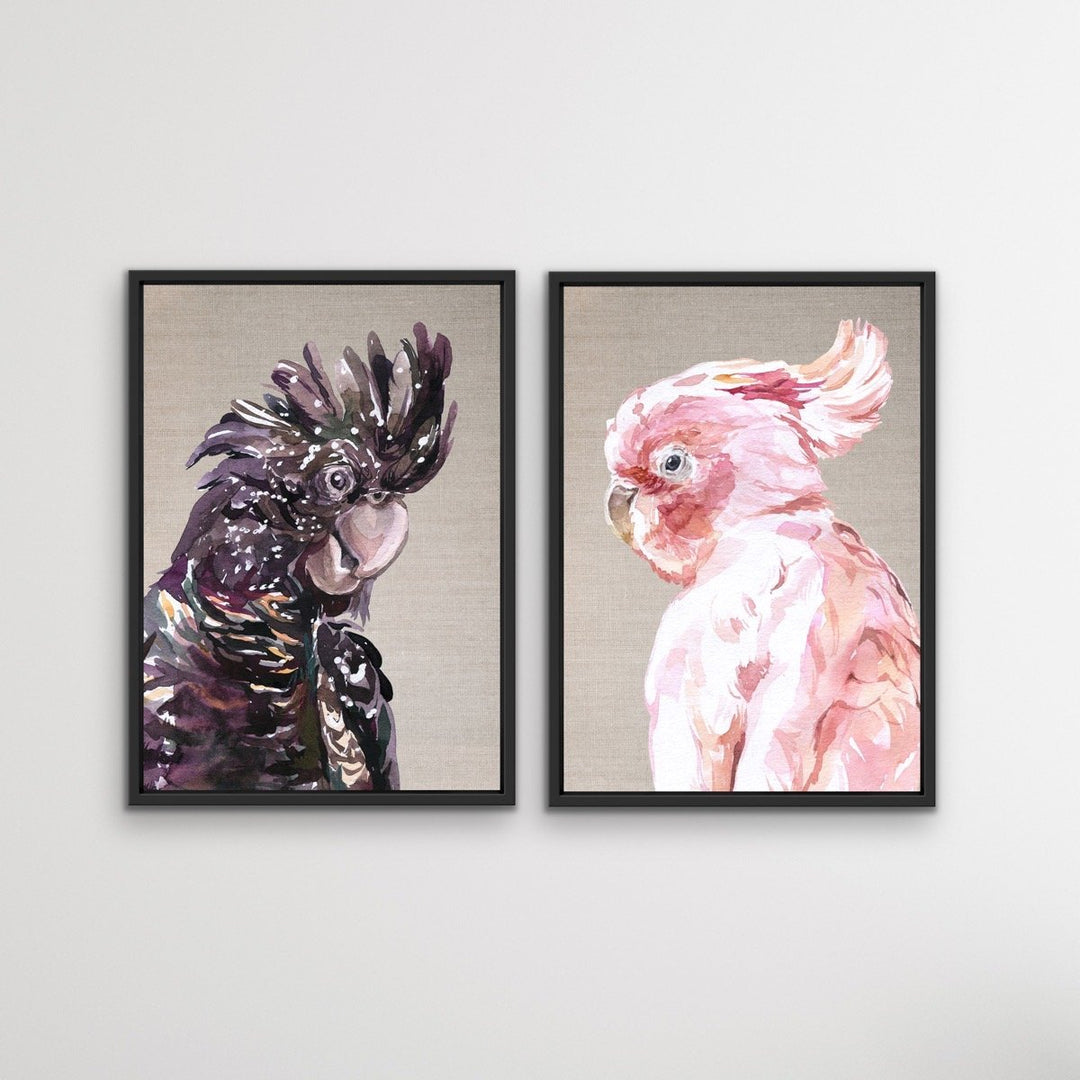 Watercolour Cockatoo Pair On Linen - Two Piece Black and Pink Cockatoo Prints Diptych - I Heart Wall Art