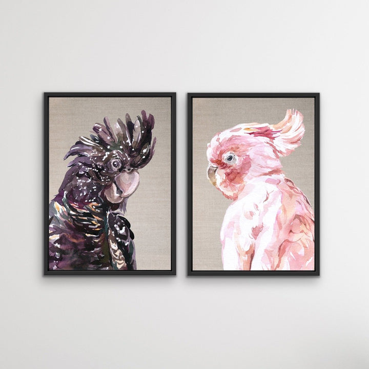 Watercolour Cockatoo Pair On Linen - Two Piece Black and Pink Cockatoo Prints Diptych - I Heart Wall Art