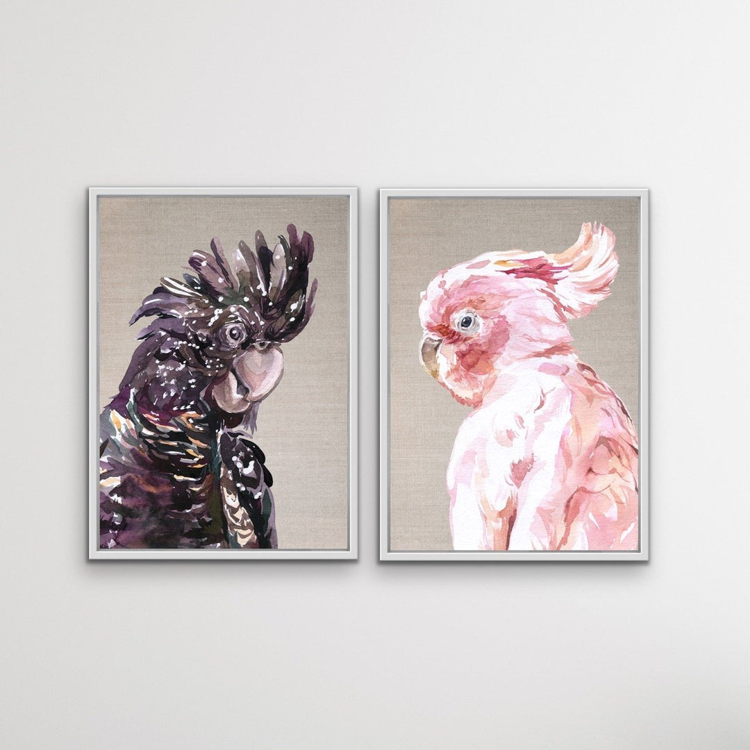 Watercolour Cockatoo Pair On Linen - Two Piece Black and Pink Cockatoo Prints Diptych - I Heart Wall Art