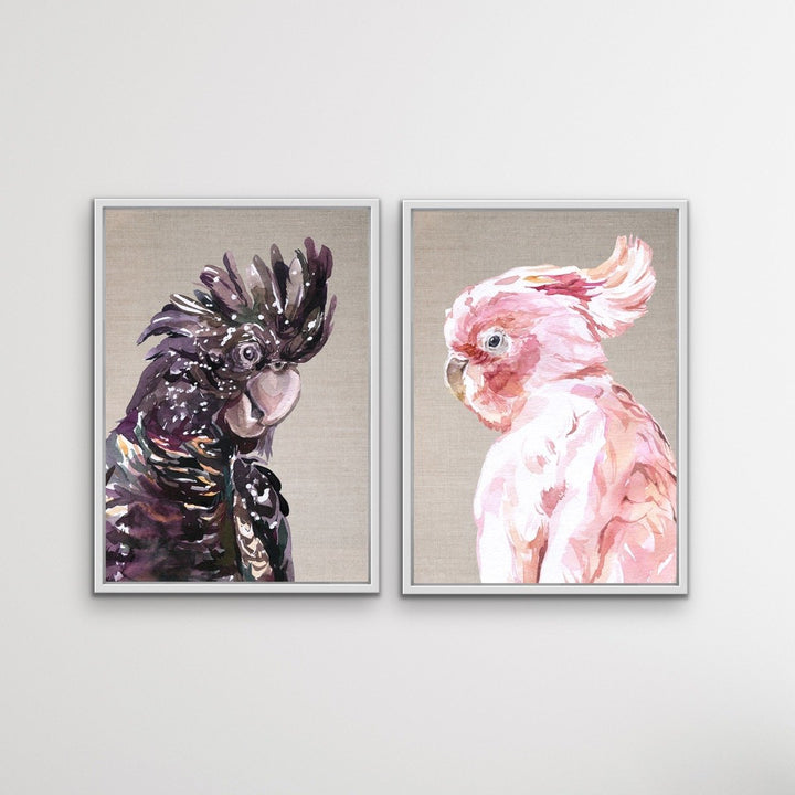 Watercolour Cockatoo Pair On Linen - Two Piece Black and Pink Cockatoo Prints Diptych - I Heart Wall Art