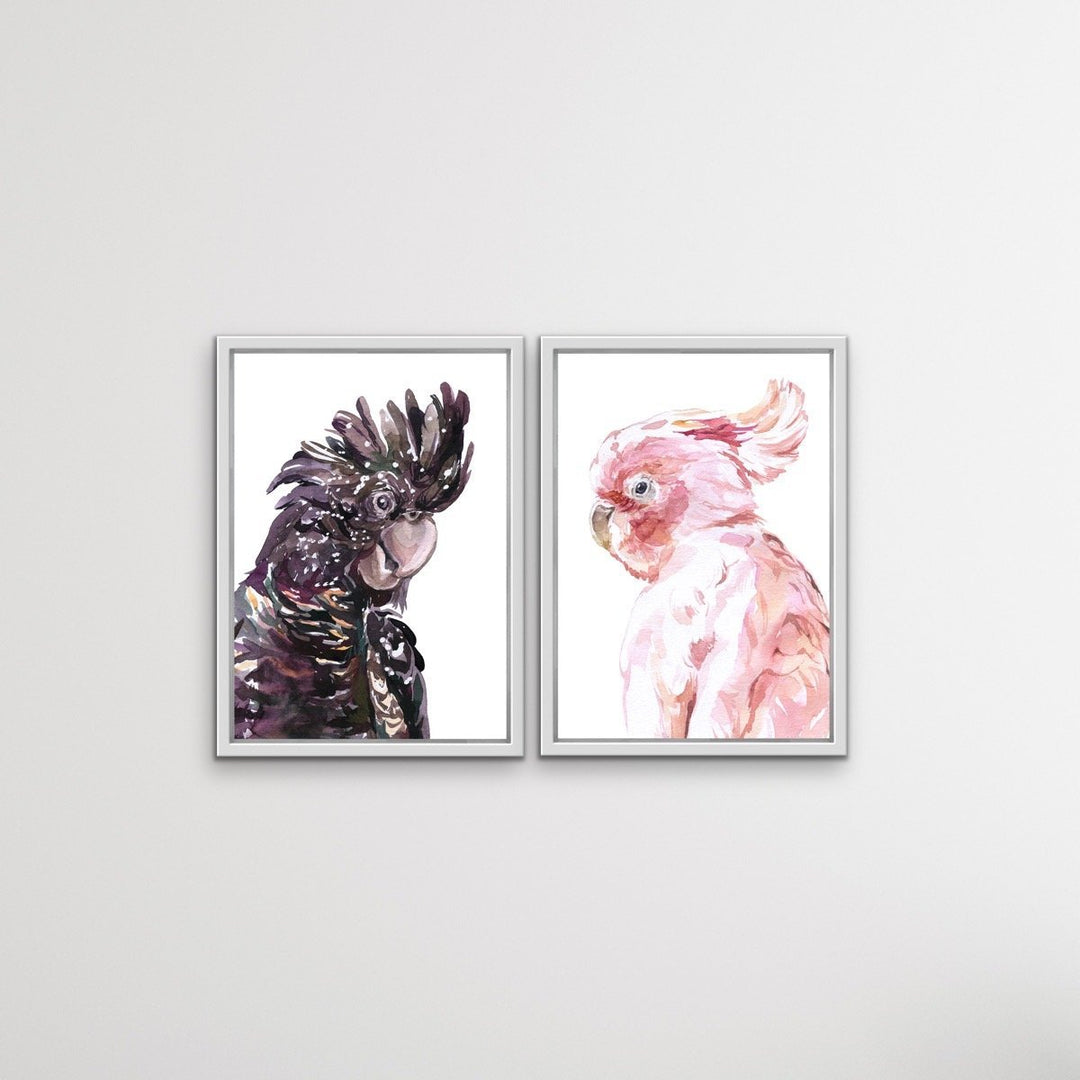 Watercolour Cockatoo Pair  - Two Piece Black and Pink Cockatoo Prints Diptych - I Heart Wall Art
